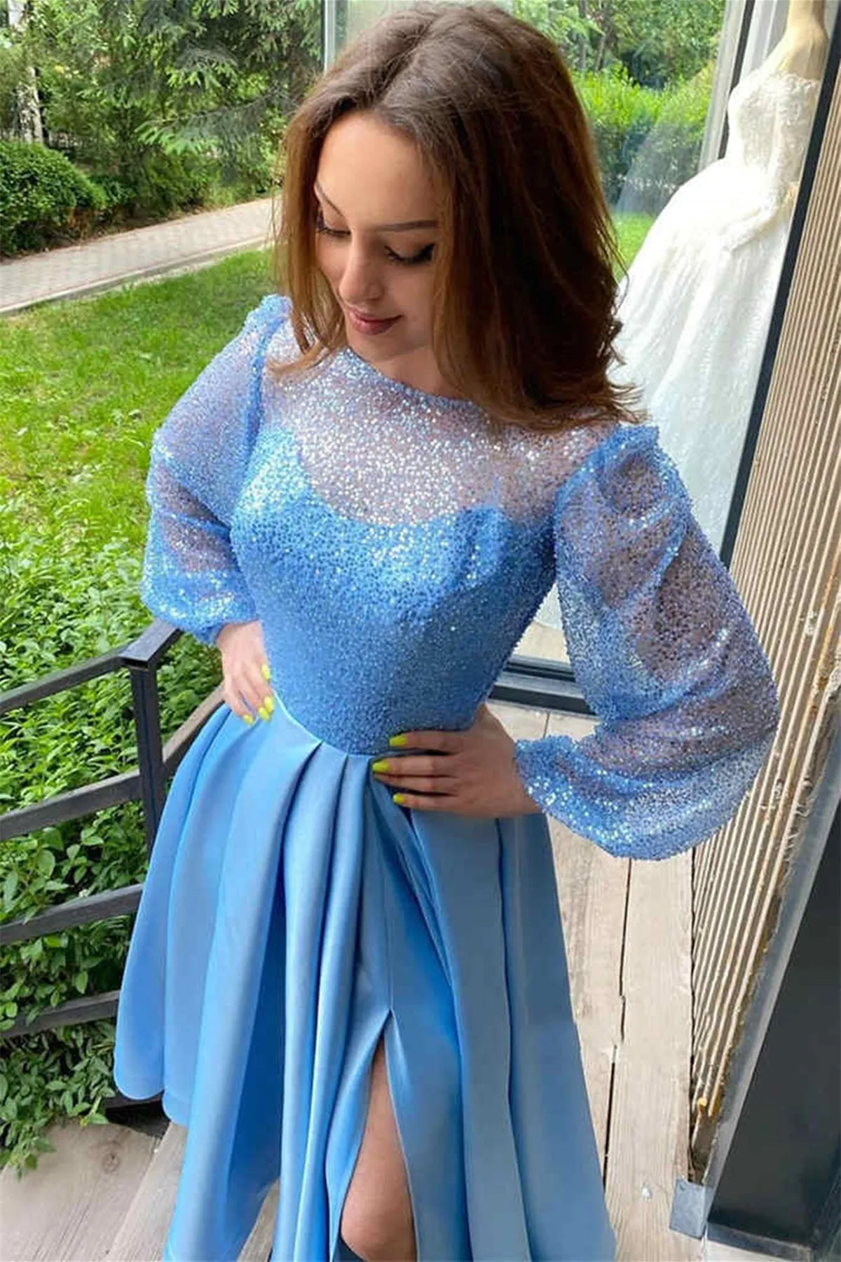 Long Sleeves Round Neck Light Blue Tea Length Prom Dress with High Slit, Long Sleeves Light Blue Formal Graduation Evening Dress A1515