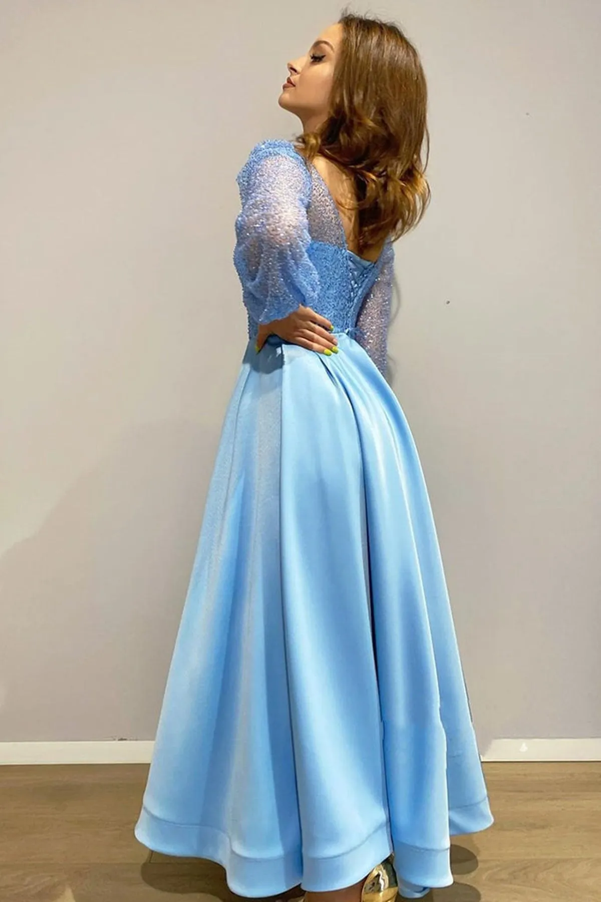 Long Sleeves Round Neck Light Blue Tea Length Prom Dress with High Slit, Long Sleeves Light Blue Formal Graduation Evening Dress A1515