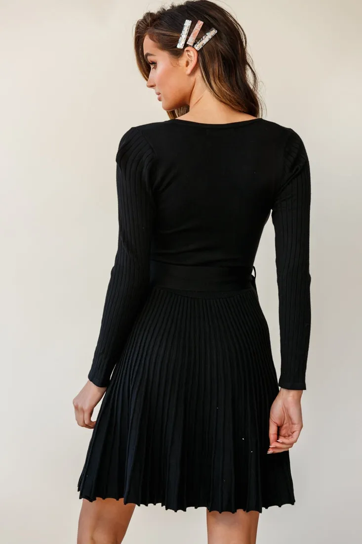 Marlena Long Sleeve Pleated Skirt Knit Dress Black