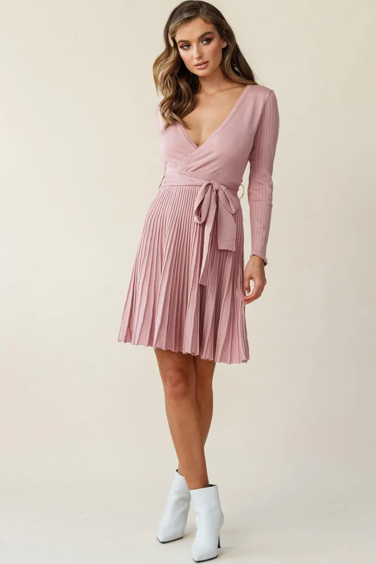 Marlena Long Sleeve Pleated Skirt Knit Dress Blush