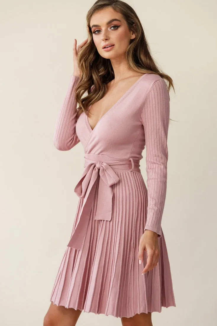 Marlena Long Sleeve Pleated Skirt Knit Dress Blush