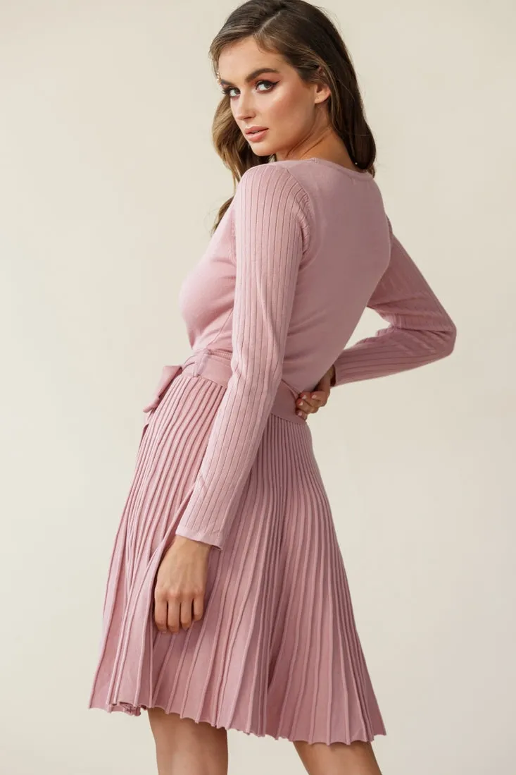 Marlena Long Sleeve Pleated Skirt Knit Dress Blush