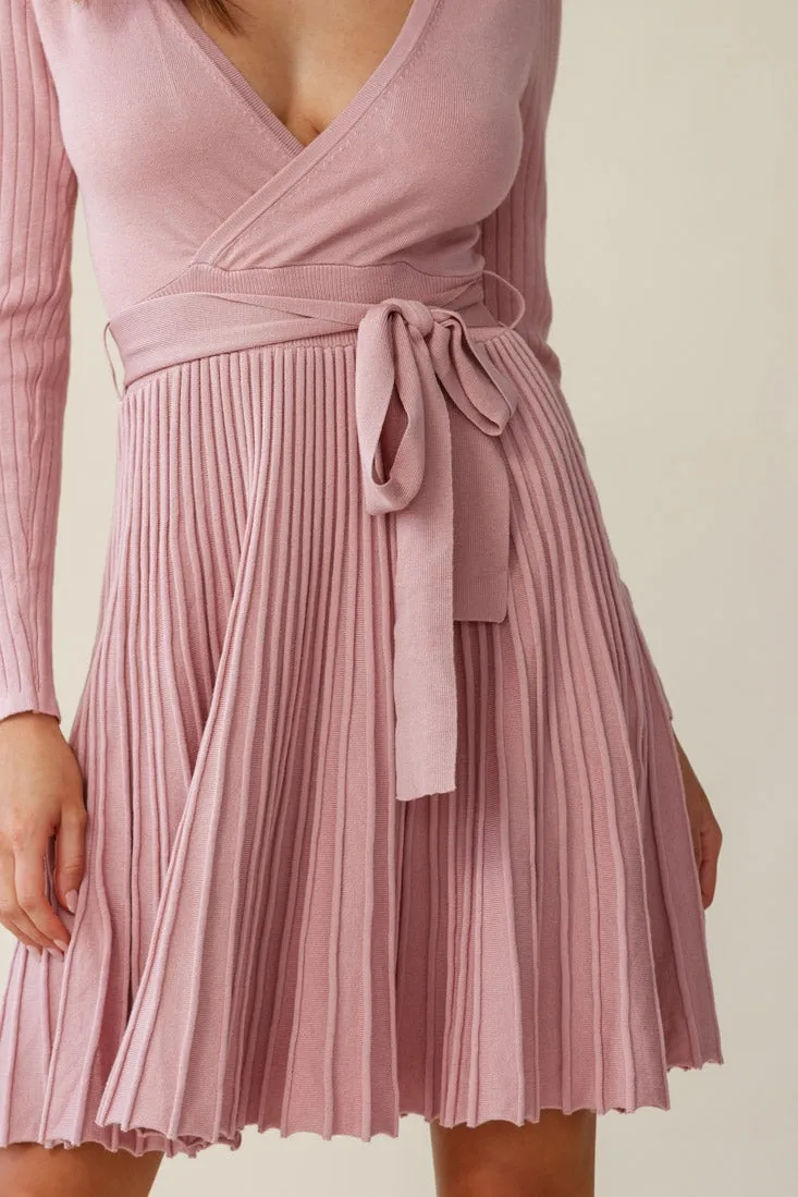 Marlena Long Sleeve Pleated Skirt Knit Dress Blush