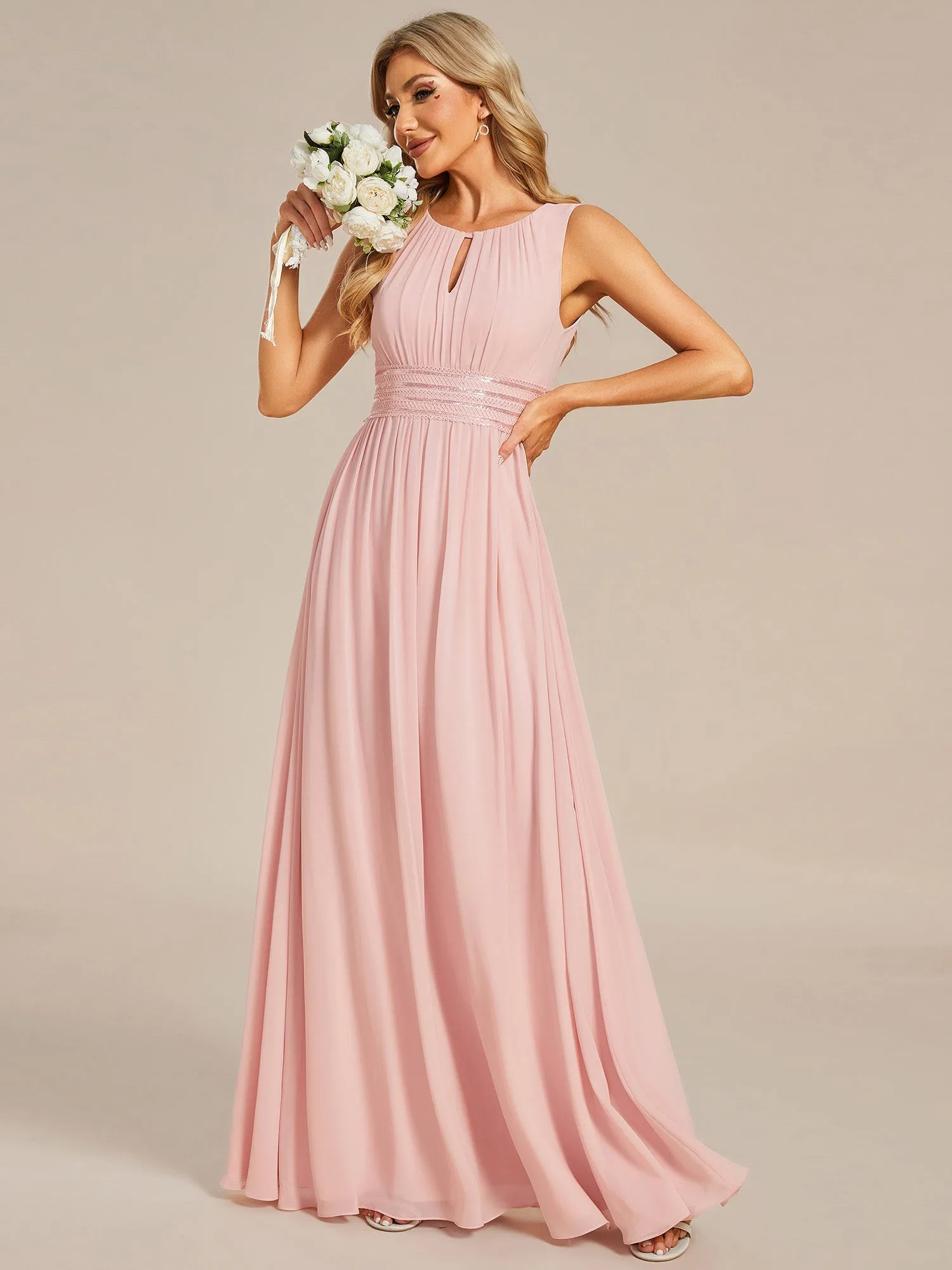 Maxi Long Chiffon Hollow Round Neck Decor Bridesmaids Dress