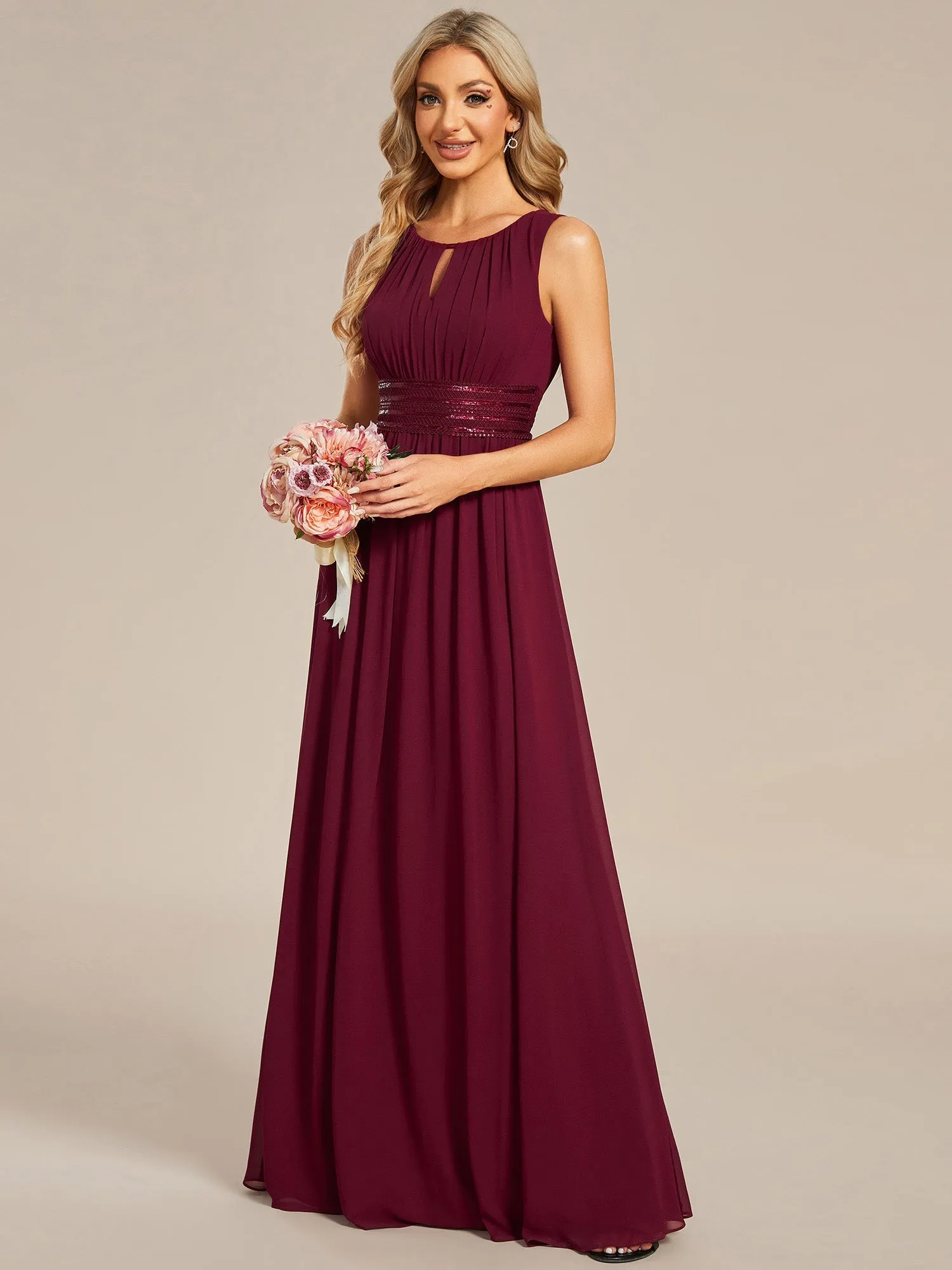 Maxi Long Chiffon Hollow Round Neck Decor Bridesmaids Dress