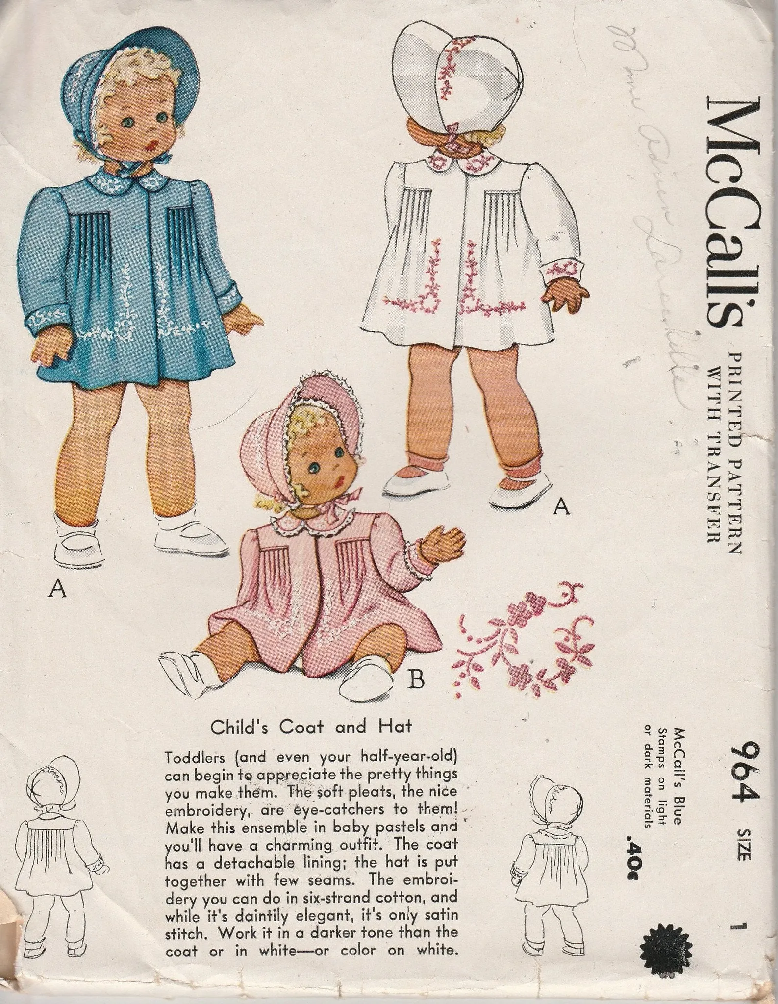 McCall's 964 Toddler Coat Hat Bonnet Vintage 1940's Sewing Pattern Little Girl Baby Infant