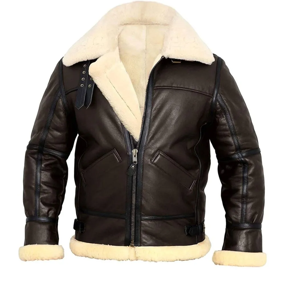 Men's Brown Classic Aviator B3 Bomber Genuine Sheepskin Leather Jacket