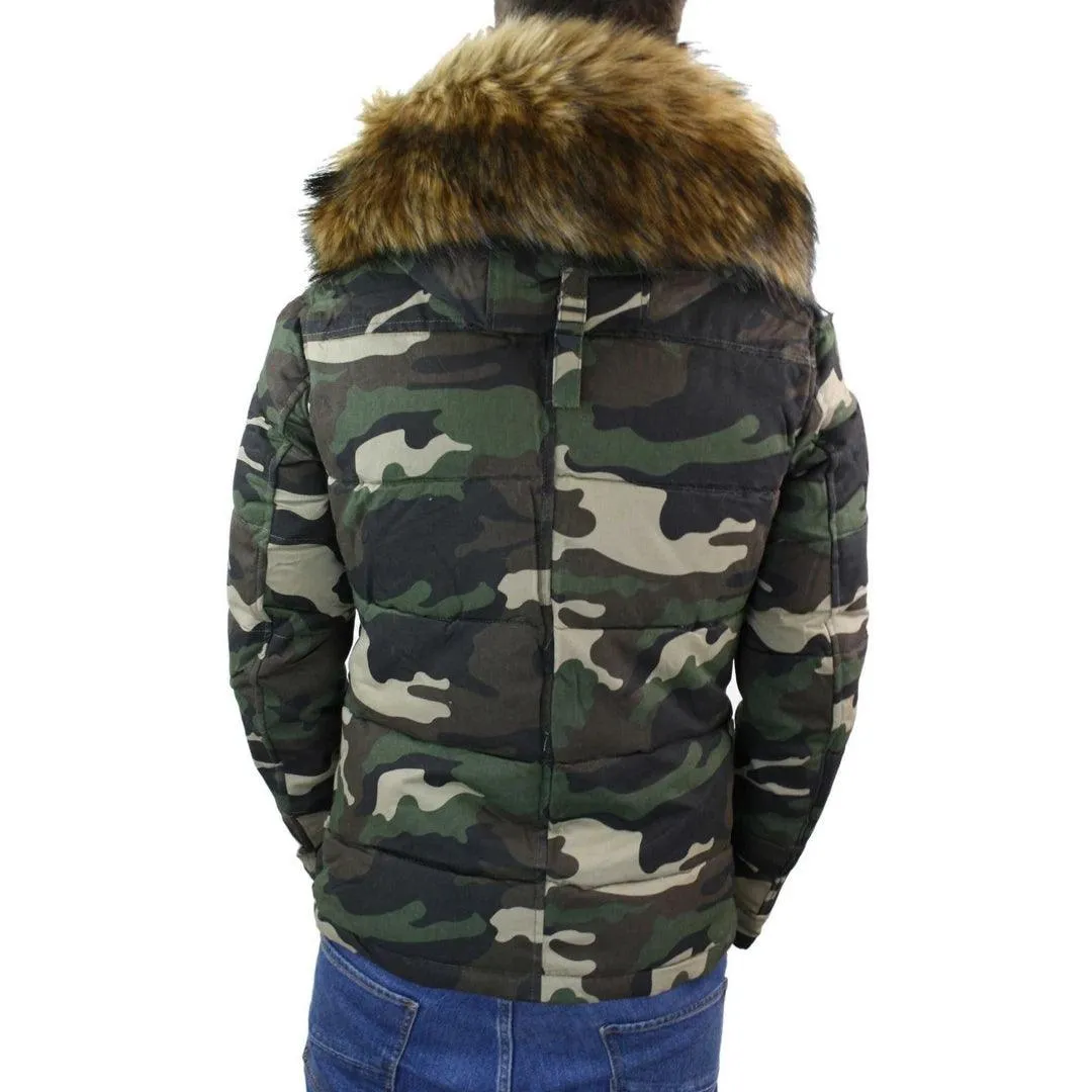 Mens Camo Camouflage Quilted Padded Puffer Jacket Hood Fur Removable