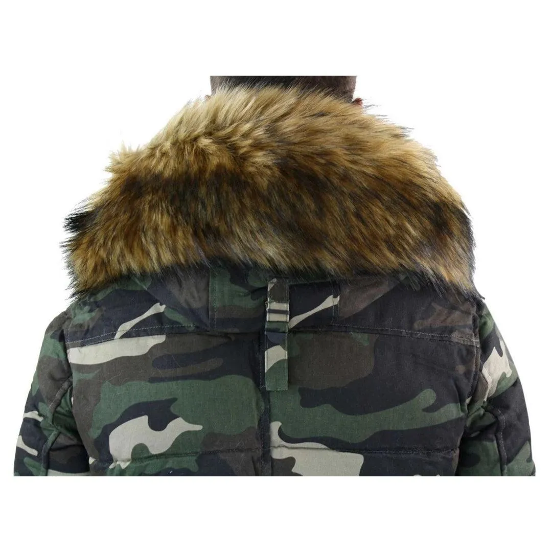 Mens Camo Camouflage Quilted Padded Puffer Jacket Hood Fur Removable