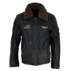 Mens Vintage Black Brown Zip Flying Aviator Jacket Fur Collar Badge Pilot Retro