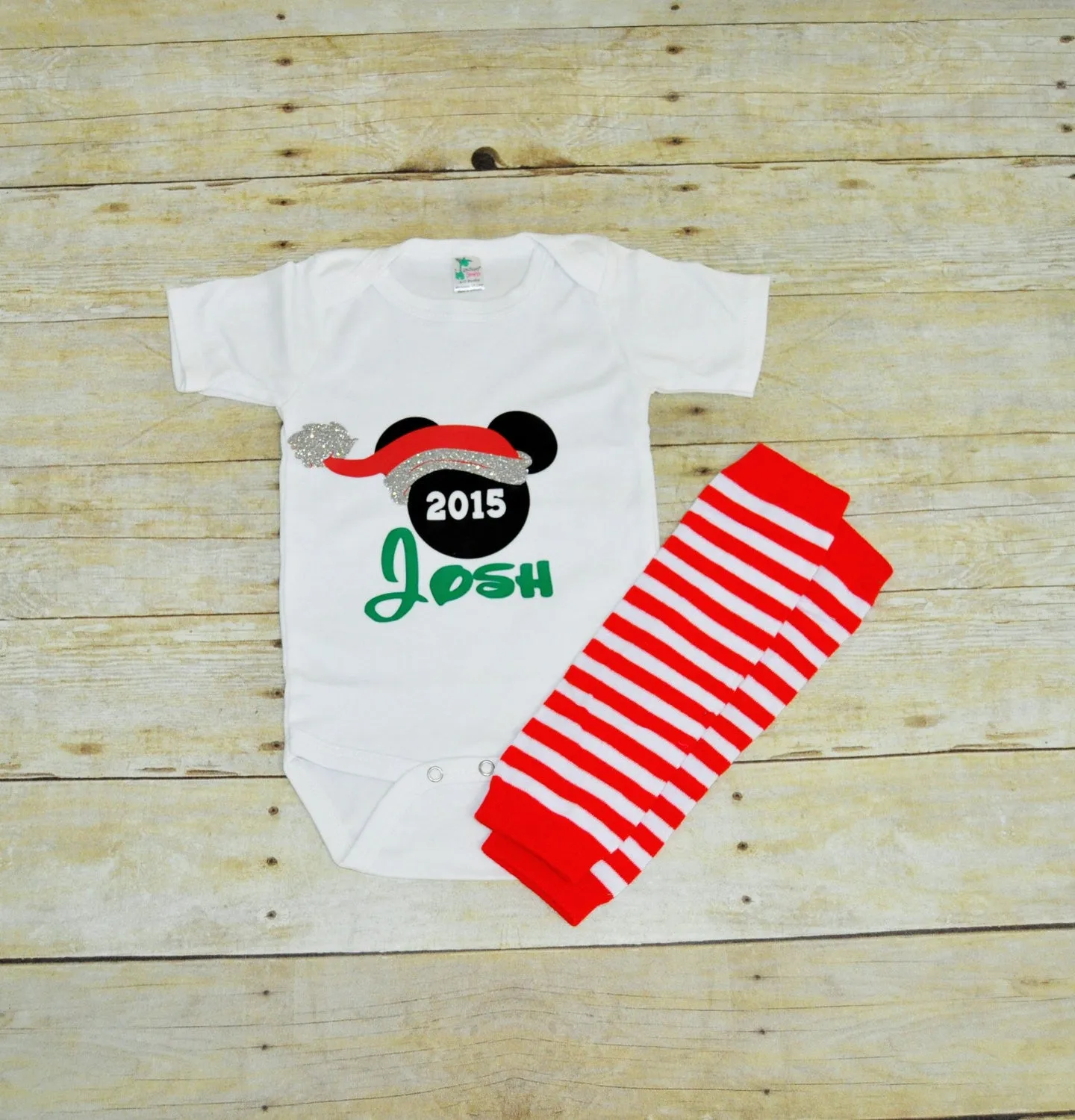 mickey christmas shirt/bodysuit, Holiday cake smash, christmas outfit, personalized mickey bodysuit, red and white striped leg warmers