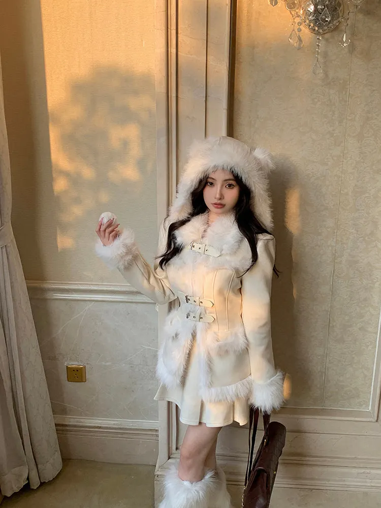 Monet Winter Elegant Chic Snow Love Letter White Fur Suede Jacket Pleated Skirt Two Piece Set