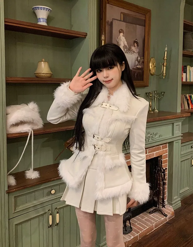 Monet Winter Elegant Chic Snow Love Letter White Fur Suede Jacket Pleated Skirt Two Piece Set