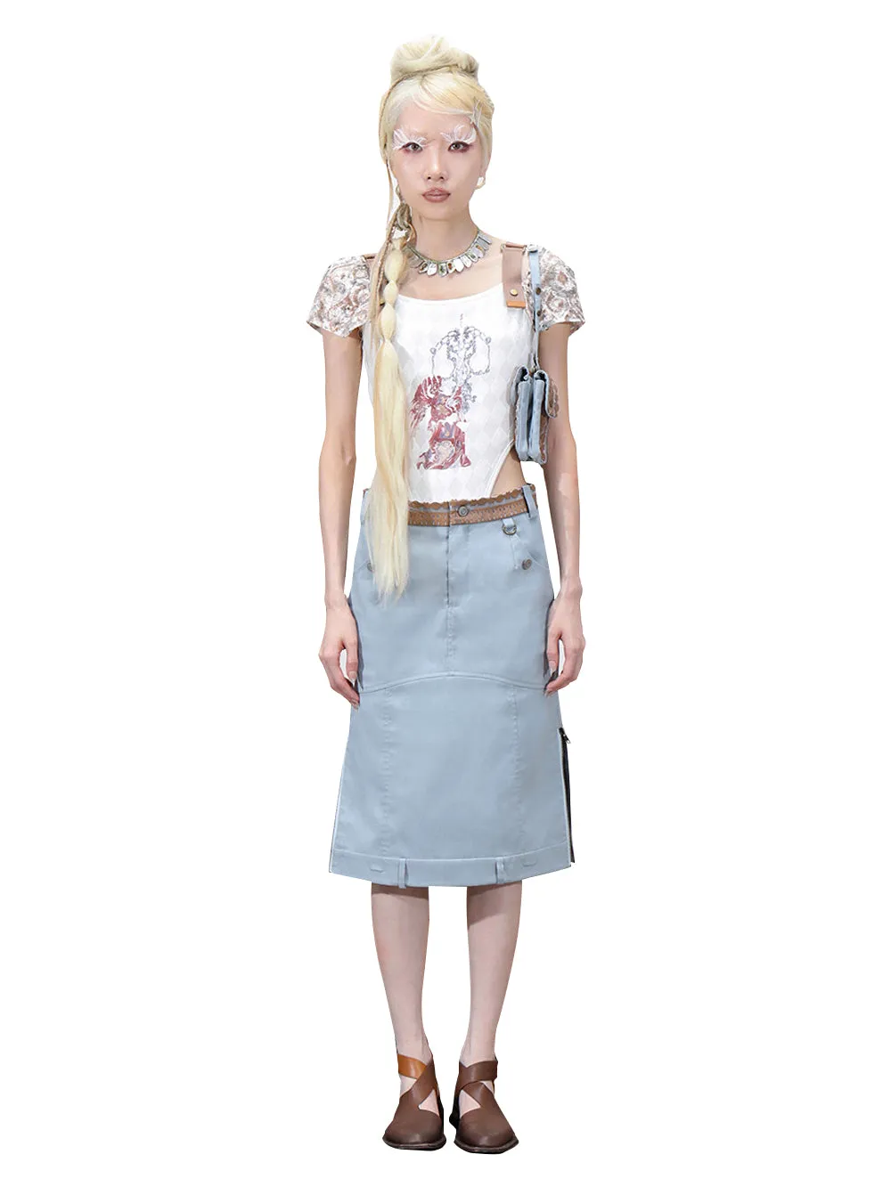 MUKTANK x COOLOTHES Light Blue Floral Organza Bag Component Folded Double-Waisted Wide A-line Skirt