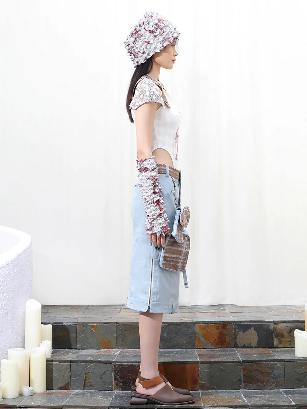 MUKTANK x COOLOTHES Light Blue Floral Organza Bag Component Folded Double-Waisted Wide A-line Skirt