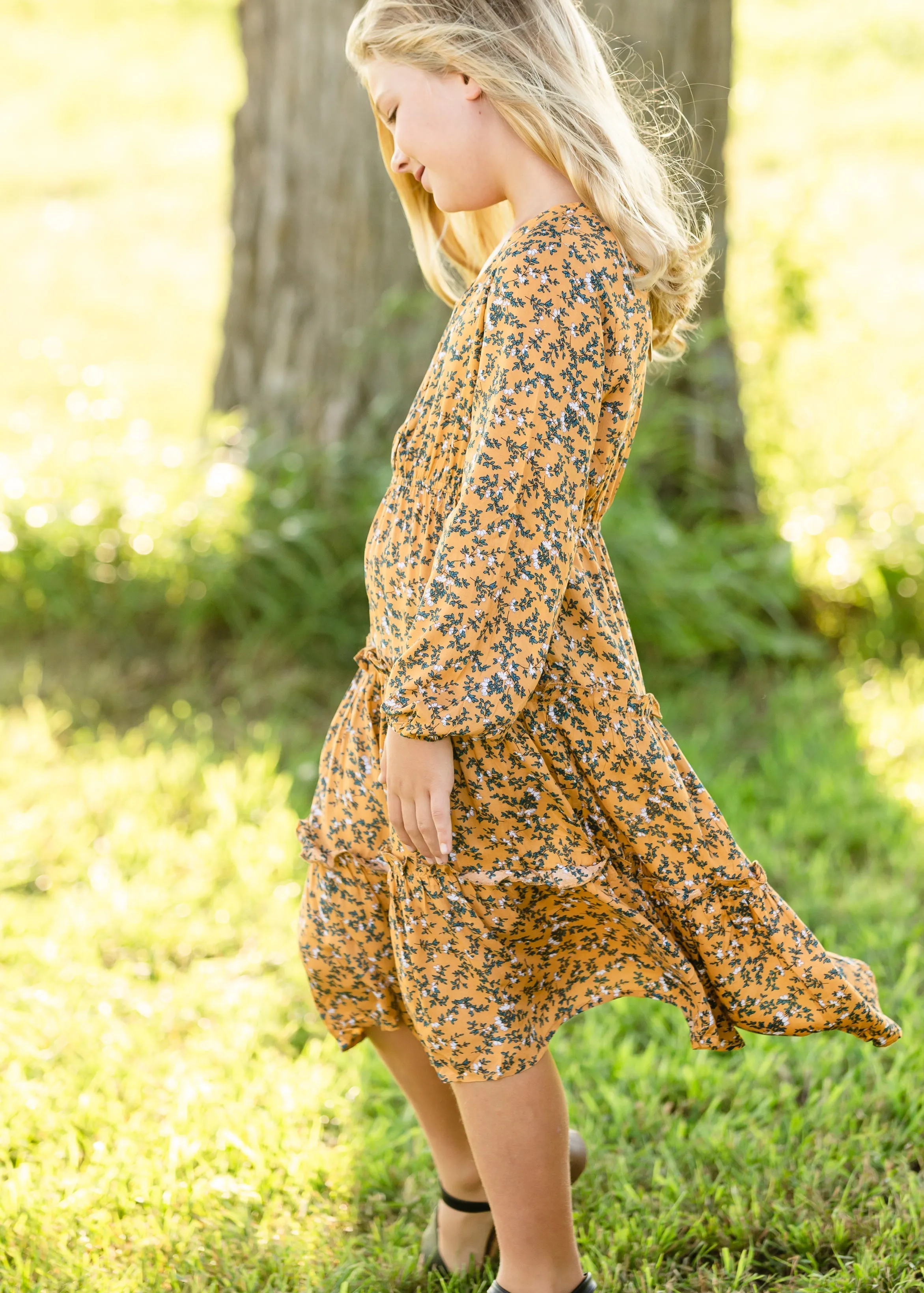 Mustard Floral Tiered Midi Dress