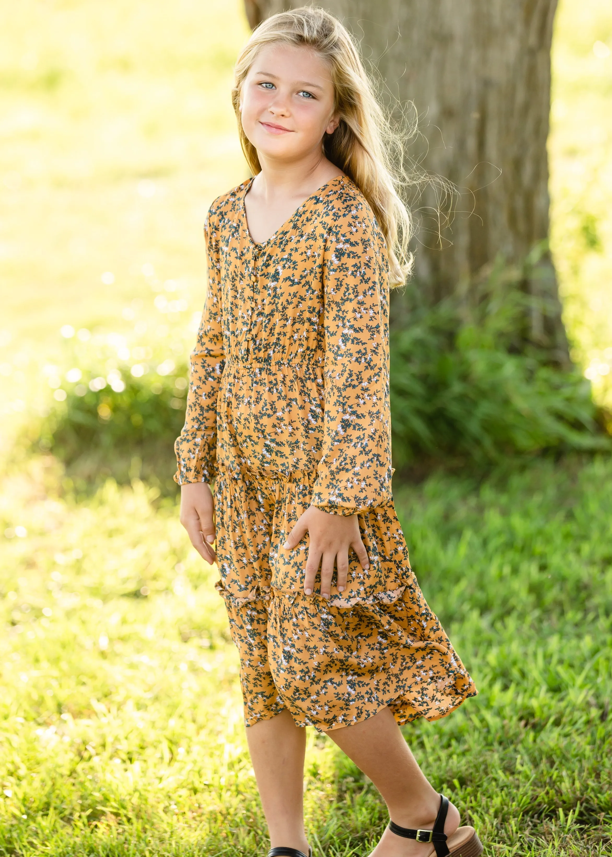 Mustard Floral Tiered Midi Dress