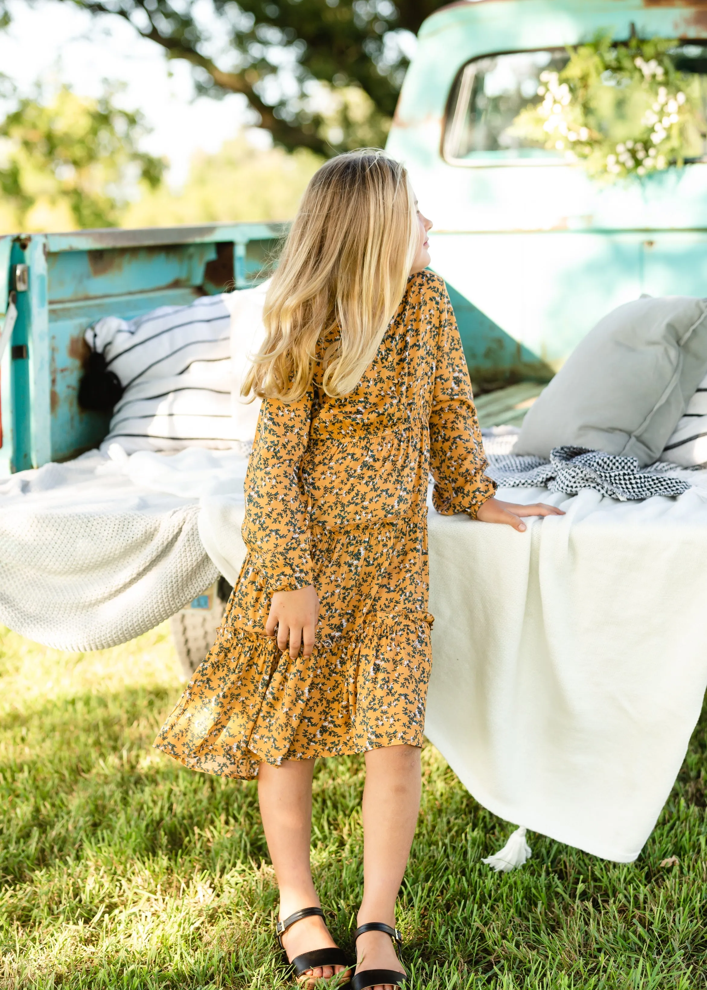 Mustard Floral Tiered Midi Dress