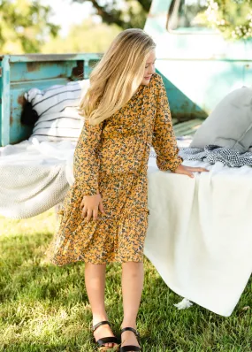 Mustard Floral Tiered Midi Dress