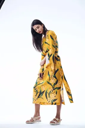 Mustard Lily Print Slit Dress