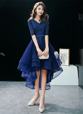 Navy Blue High Low Tulle with Lace Party Dress, Blue Homecoming Dress Prom Dress