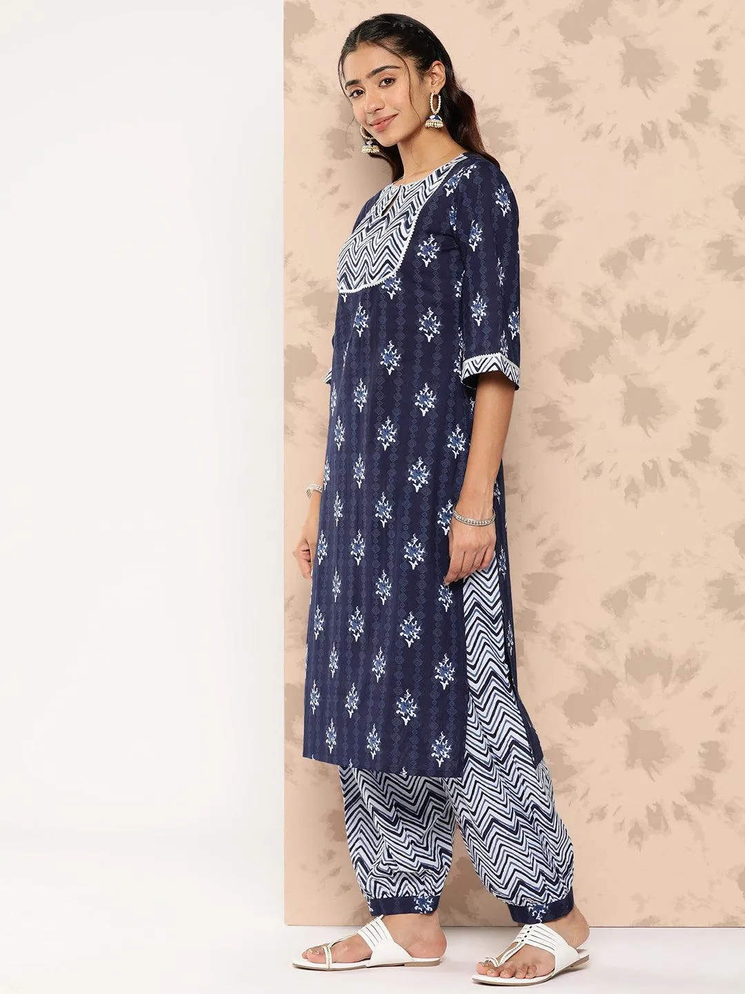 Navy Blue Printed Cotton Straight Kurta With Salwar & Dupatta