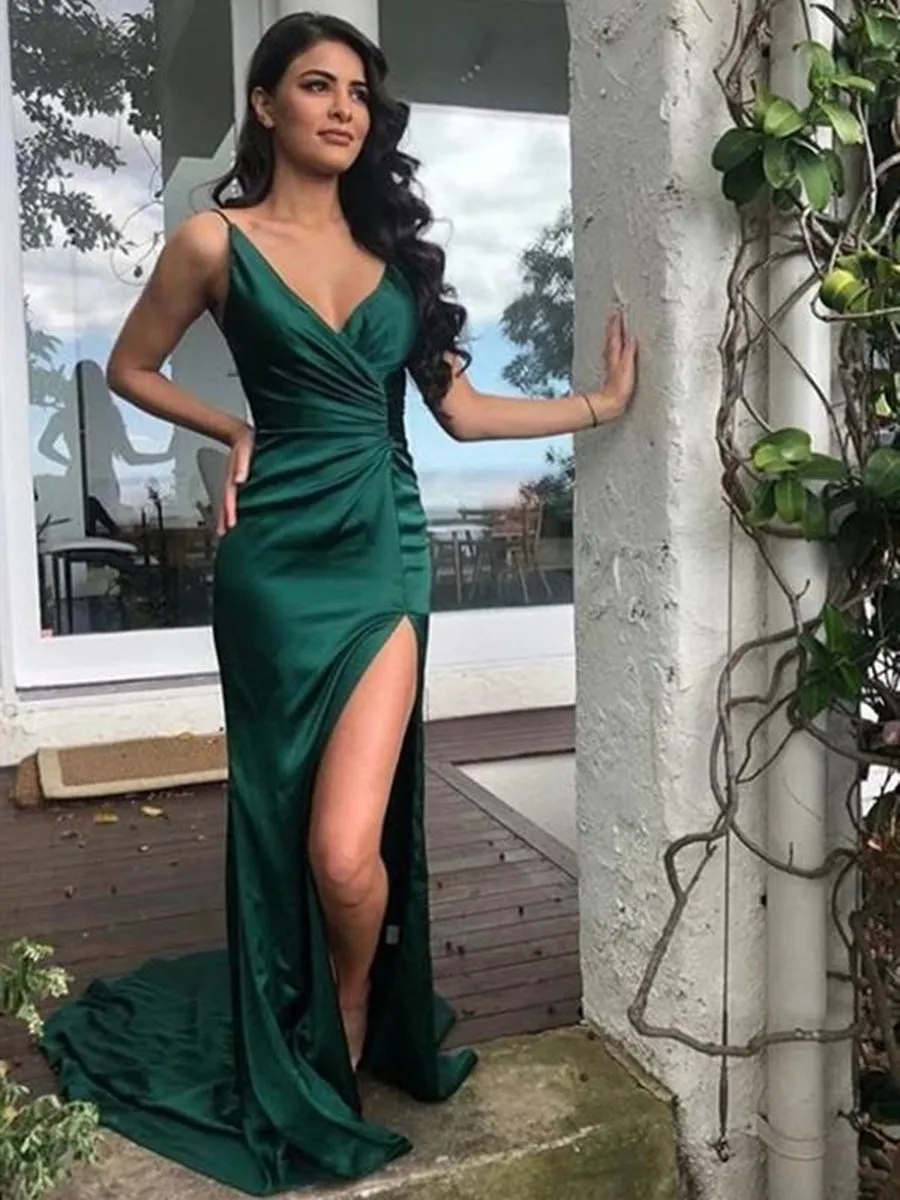 Newest V Neck Mermaid Emerald Green Long Prom with Split, Mermaid Emerald Green Formal, Emerald Green Evening