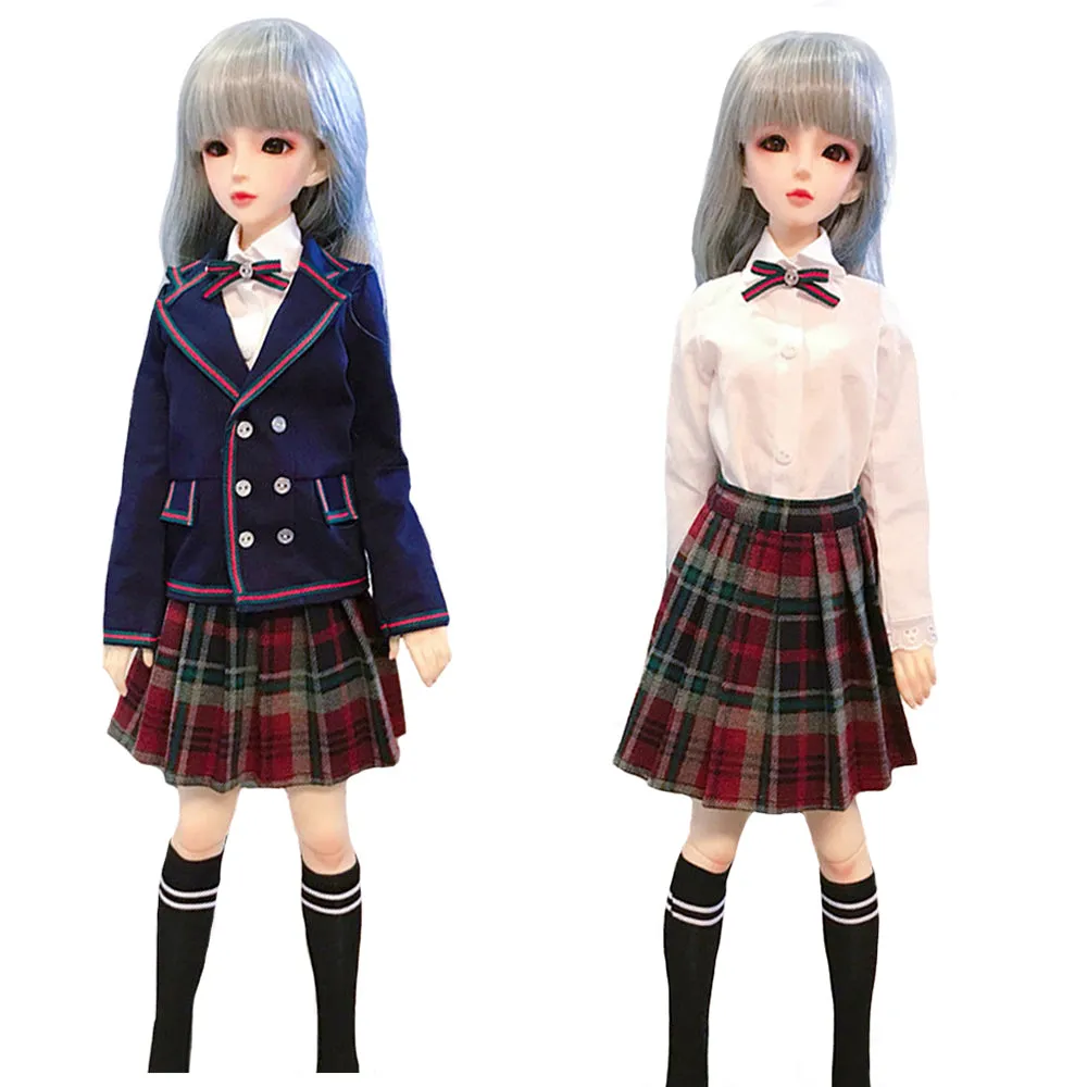 niannyyhouse 1/3 1/4 BJD Dolls Clothes Coat Shirt Plaid Pleated Skirt Socks European Dark Blue School Uniform Blazer Outfit Ball Jointed Dolls Accessories Dress Up Gift