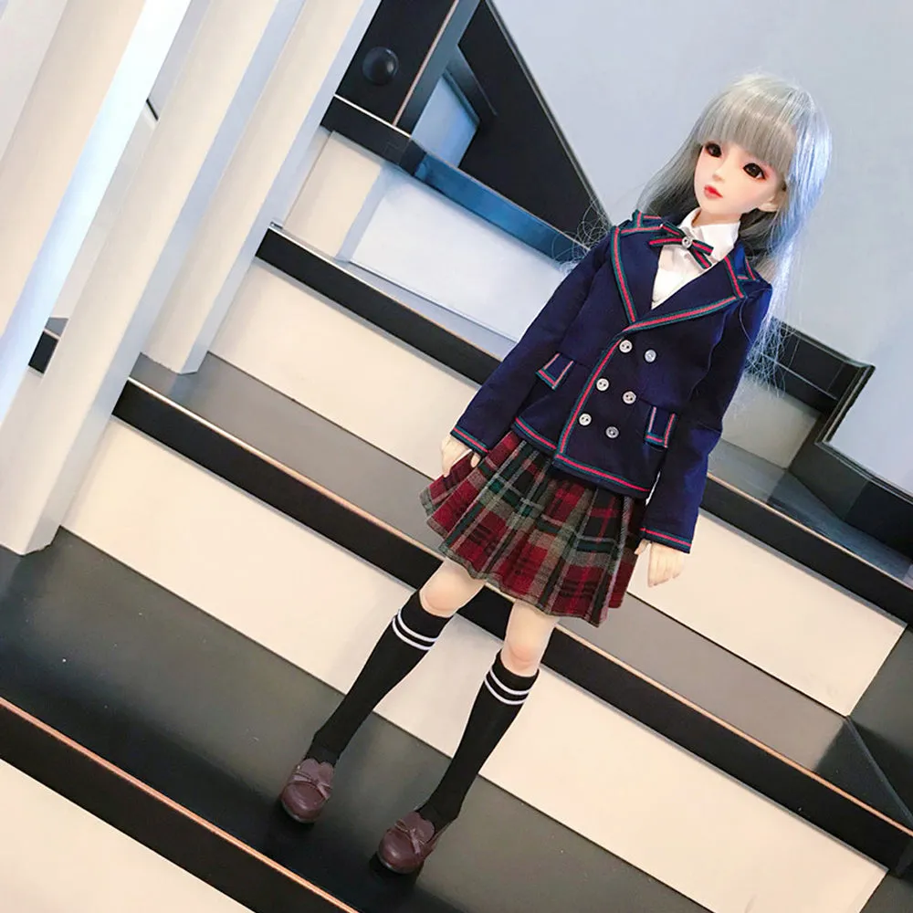 niannyyhouse 1/3 1/4 BJD Dolls Clothes Coat Shirt Plaid Pleated Skirt Socks European Dark Blue School Uniform Blazer Outfit Ball Jointed Dolls Accessories Dress Up Gift