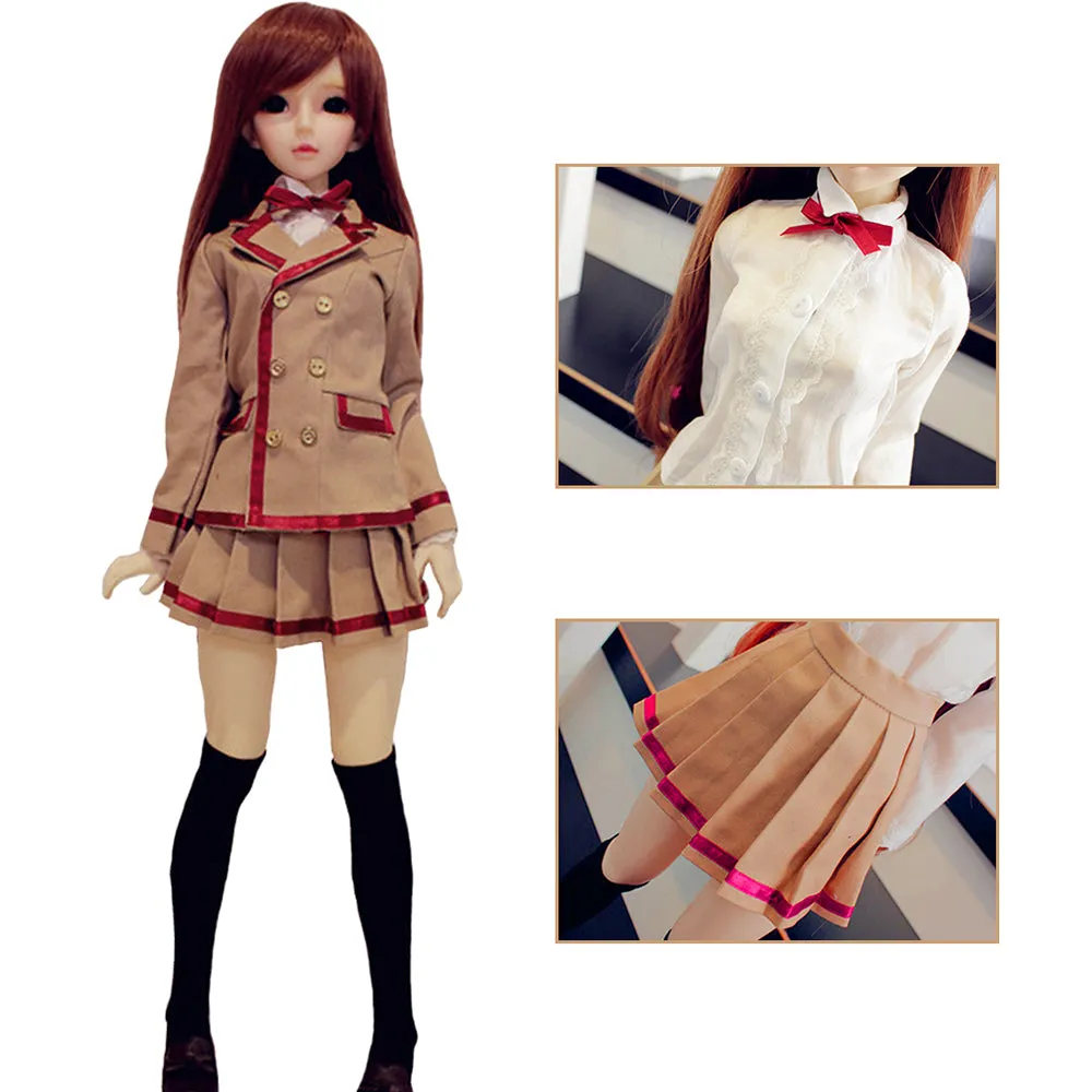 niannyyhouse 1/3 1/4 BJD Dolls Clothes Khaki Coat White Shirt Pleated Skirt Socks School Uniform Outfit Ball Jointed Dolls Accessories Dress Up Gift