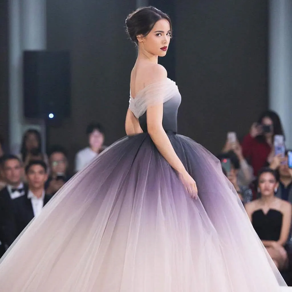 Off Shoulder Ombre Tulle Long Prom Gown, Ombre Tulle Formal Prom Evening