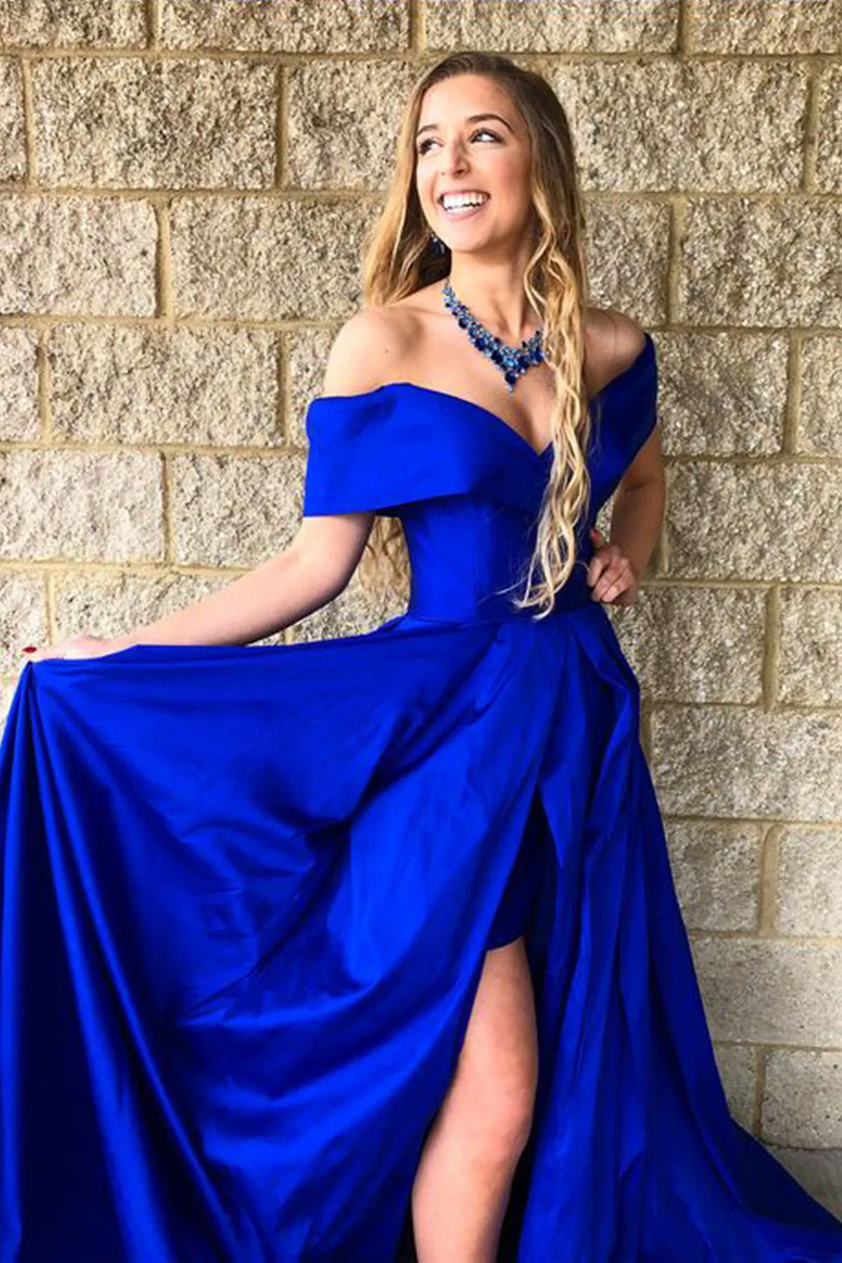 Off Shoulder Royal Blue Long Prom Dress with High Slit, Off the Shoulder Royal Blue Formal Graduation Evening Dress A1569