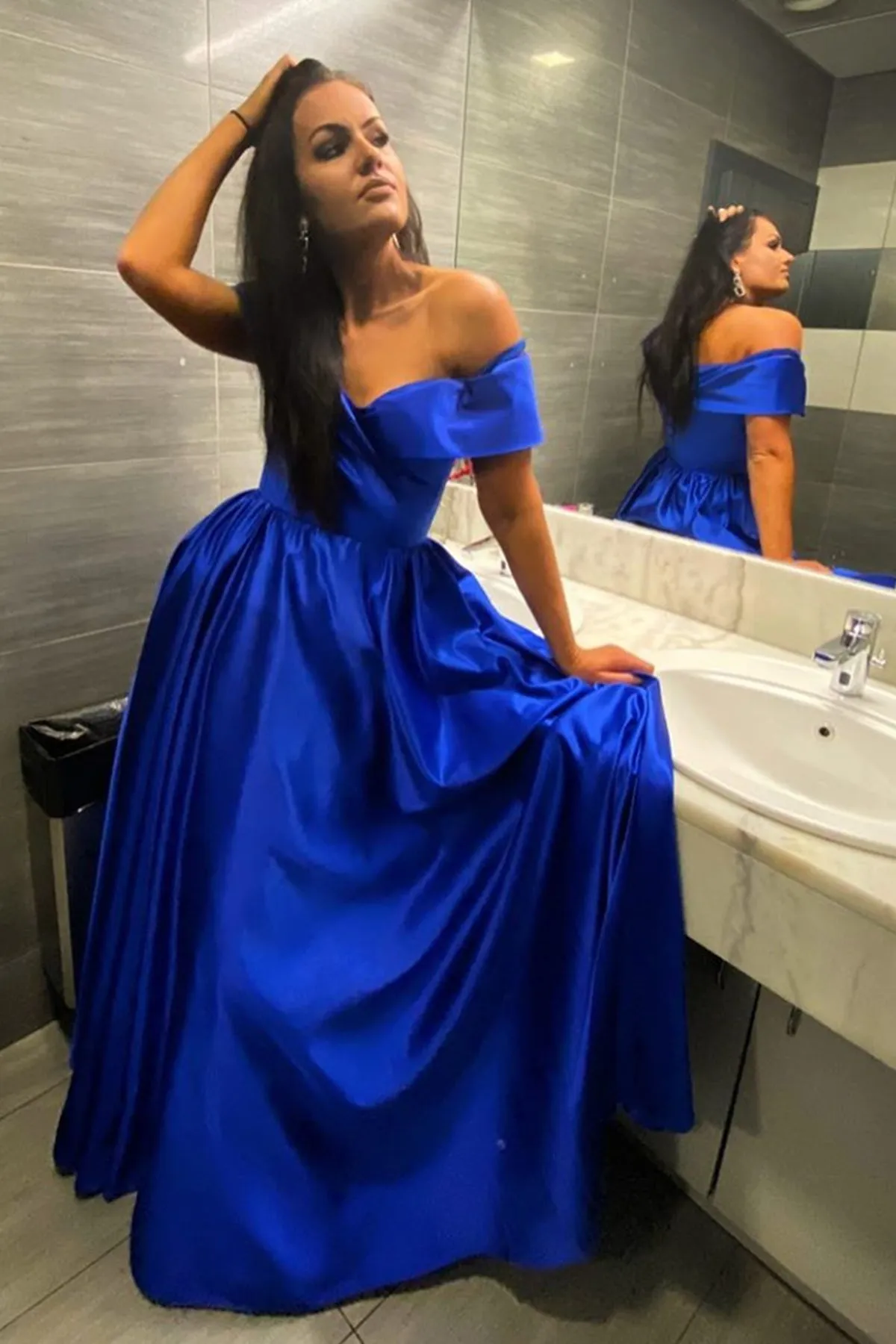 Off Shoulder Royal Blue Long Prom Dress with High Slit, Off the Shoulder Royal Blue Formal Graduation Evening Dress A1569