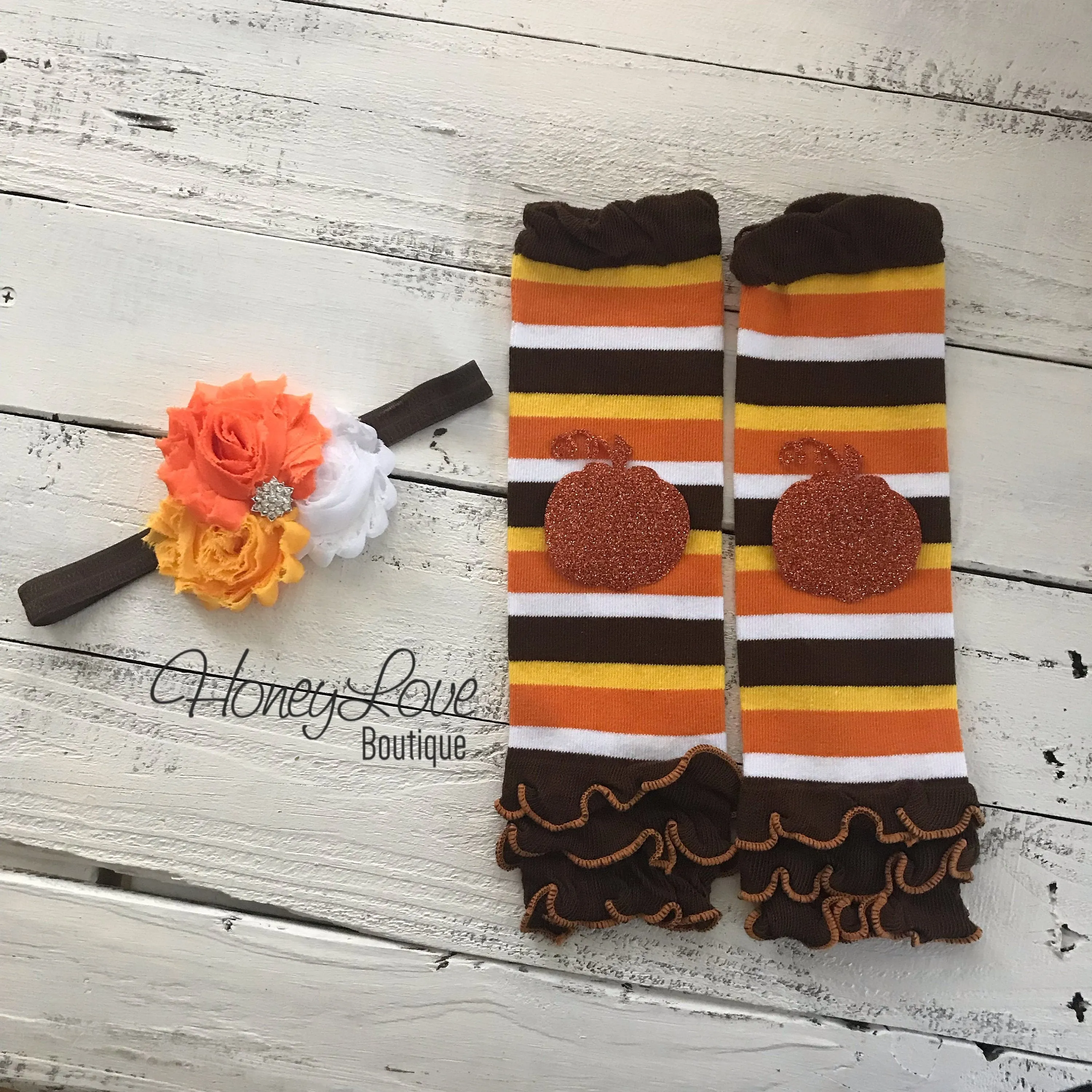 Orange, Brown, Yellow and White Stripe Leg Warmers and Candy Corn headband