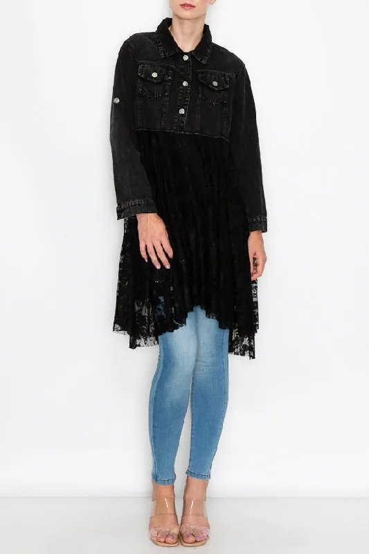 Origami Western Black Jean & Lace Jacket Cardigan - Black