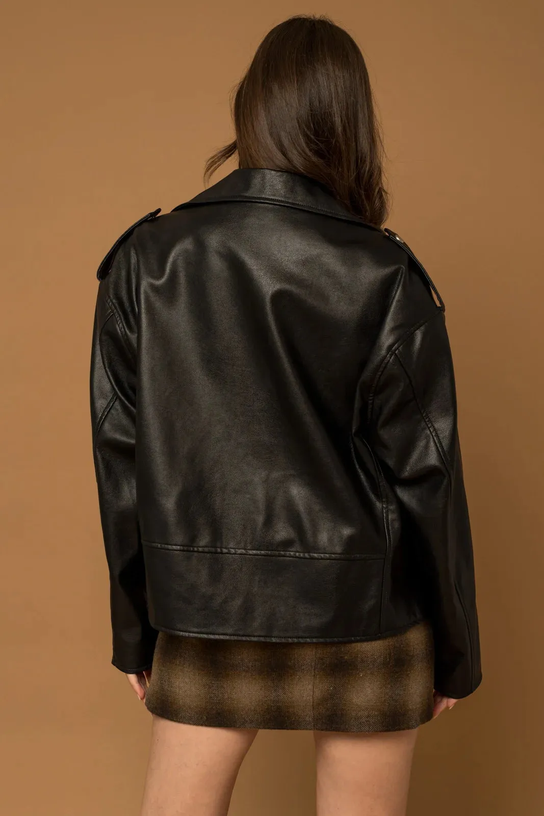 Oversize Collared Belted Hem Faux Leather Jacket