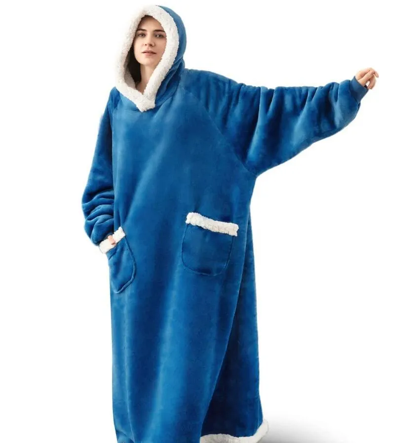 Oversized Cozy Warm Fleece Hoodie Blanket with Long Sleeves and pockets