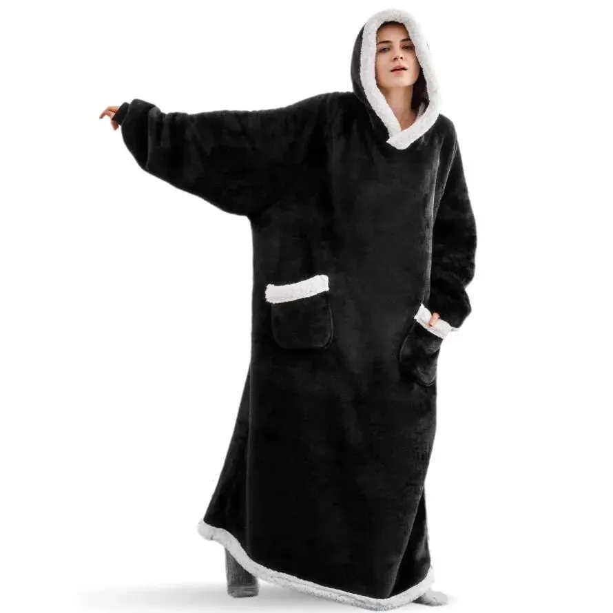 Oversized Cozy Warm Fleece Hoodie Blanket with Long Sleeves and pockets