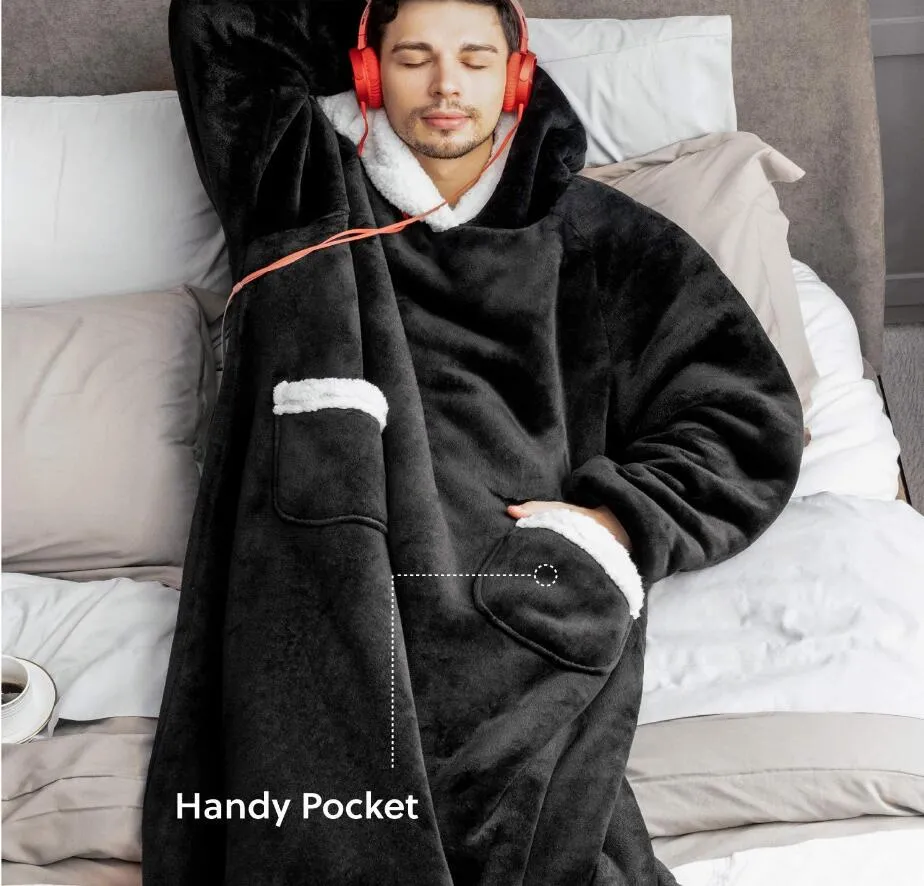 Oversized Cozy Warm Fleece Hoodie Blanket with Long Sleeves and pockets