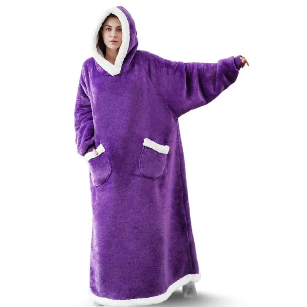 Oversized Cozy Warm Fleece Hoodie Blanket with Long Sleeves and pockets