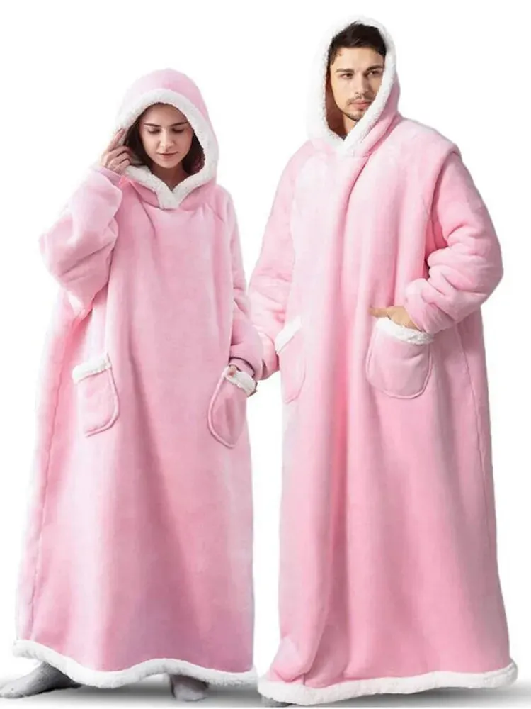 Oversized Cozy Warm Fleece Hoodie Blanket with Long Sleeves and pockets