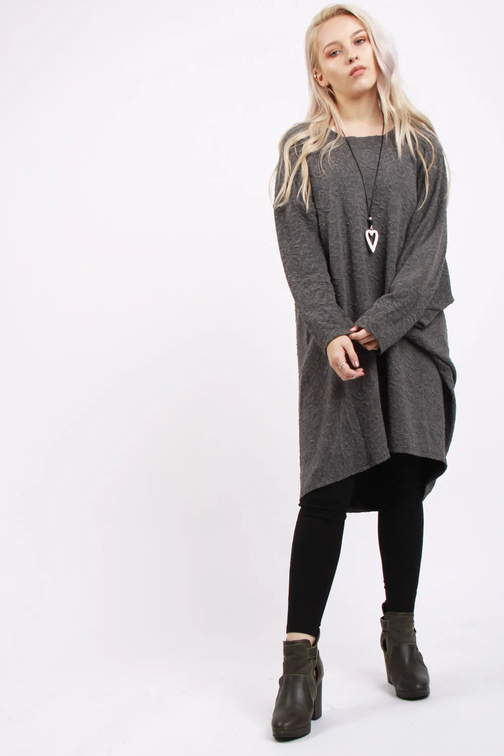 Oversized Textured Hi Low Batwing Top in Grey