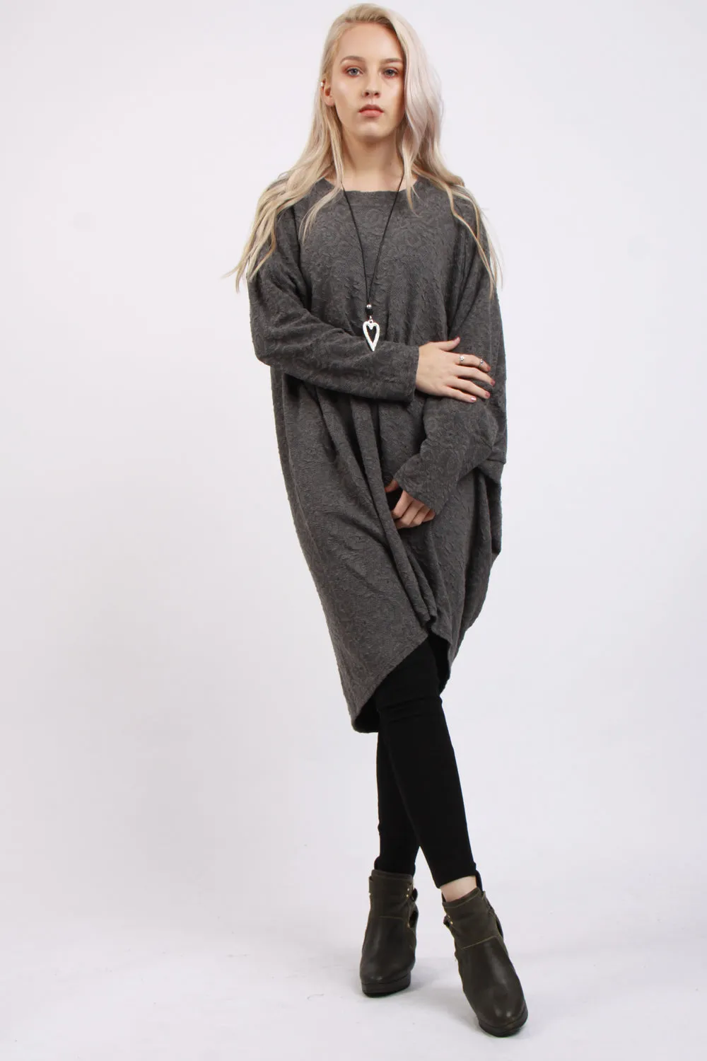 Oversized Textured Hi Low Batwing Top in Grey