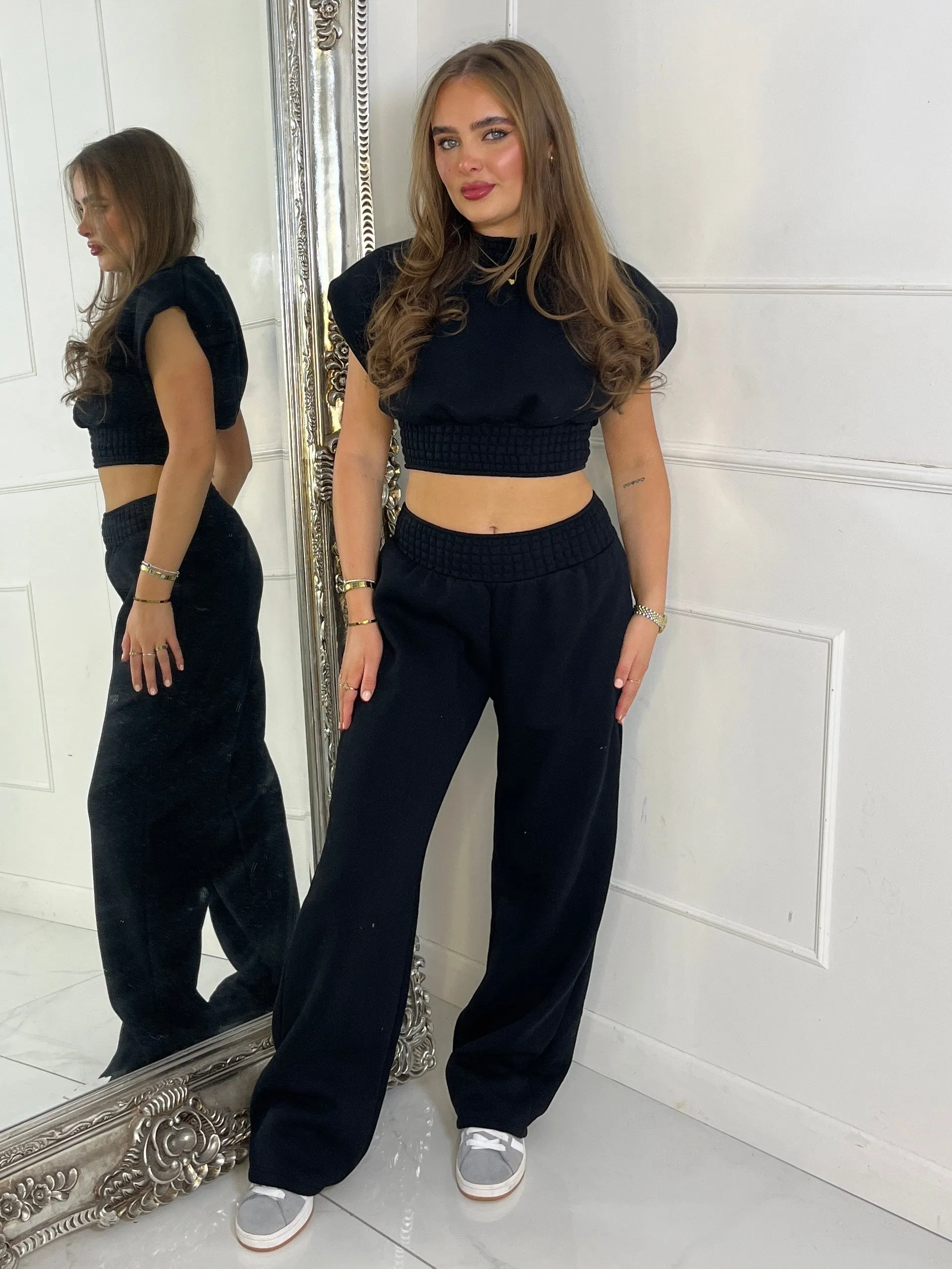 Padded Shoulder Top & Wide Leg Pants Tracksuit - Black