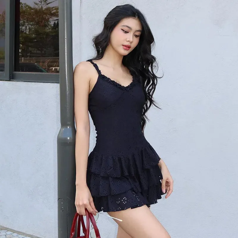 Party V-neck Summer Hollow Ruffled Strap Lace Frill Mini Out Ruched Spaghetti Slim Dress