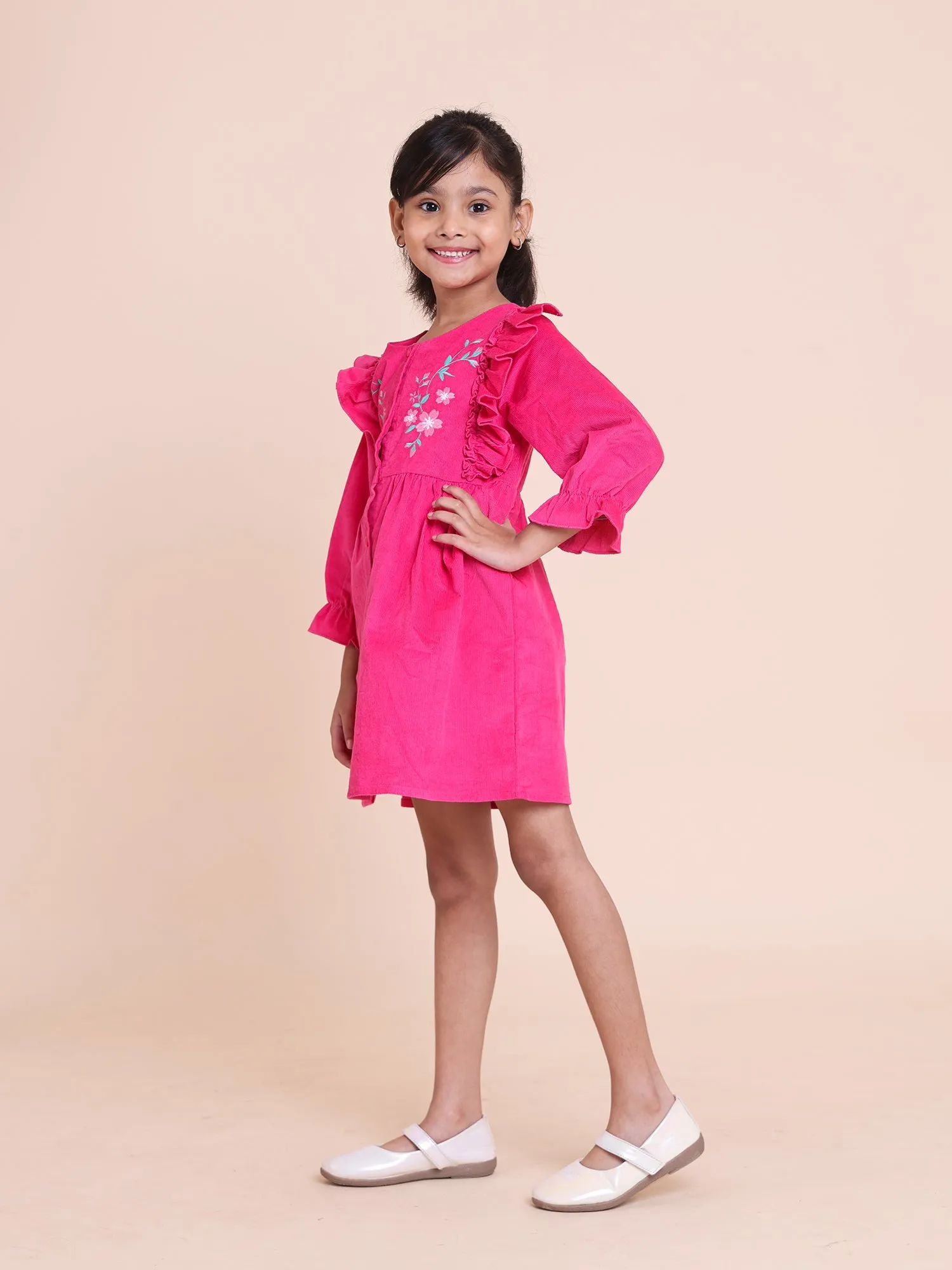 Pink Embroidered Corduroy Dress with Ruffle Trim