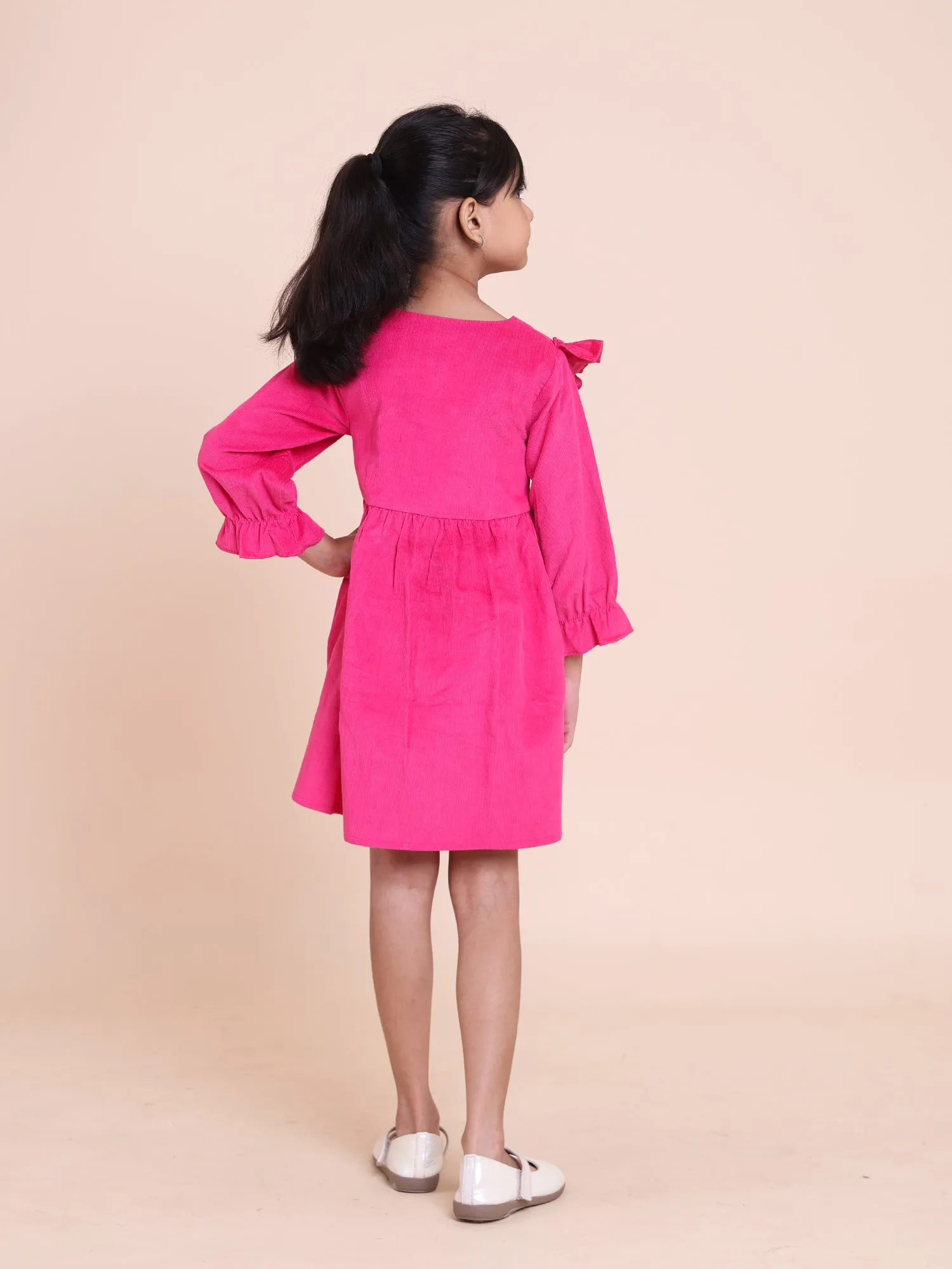 Pink Embroidered Corduroy Dress with Ruffle Trim