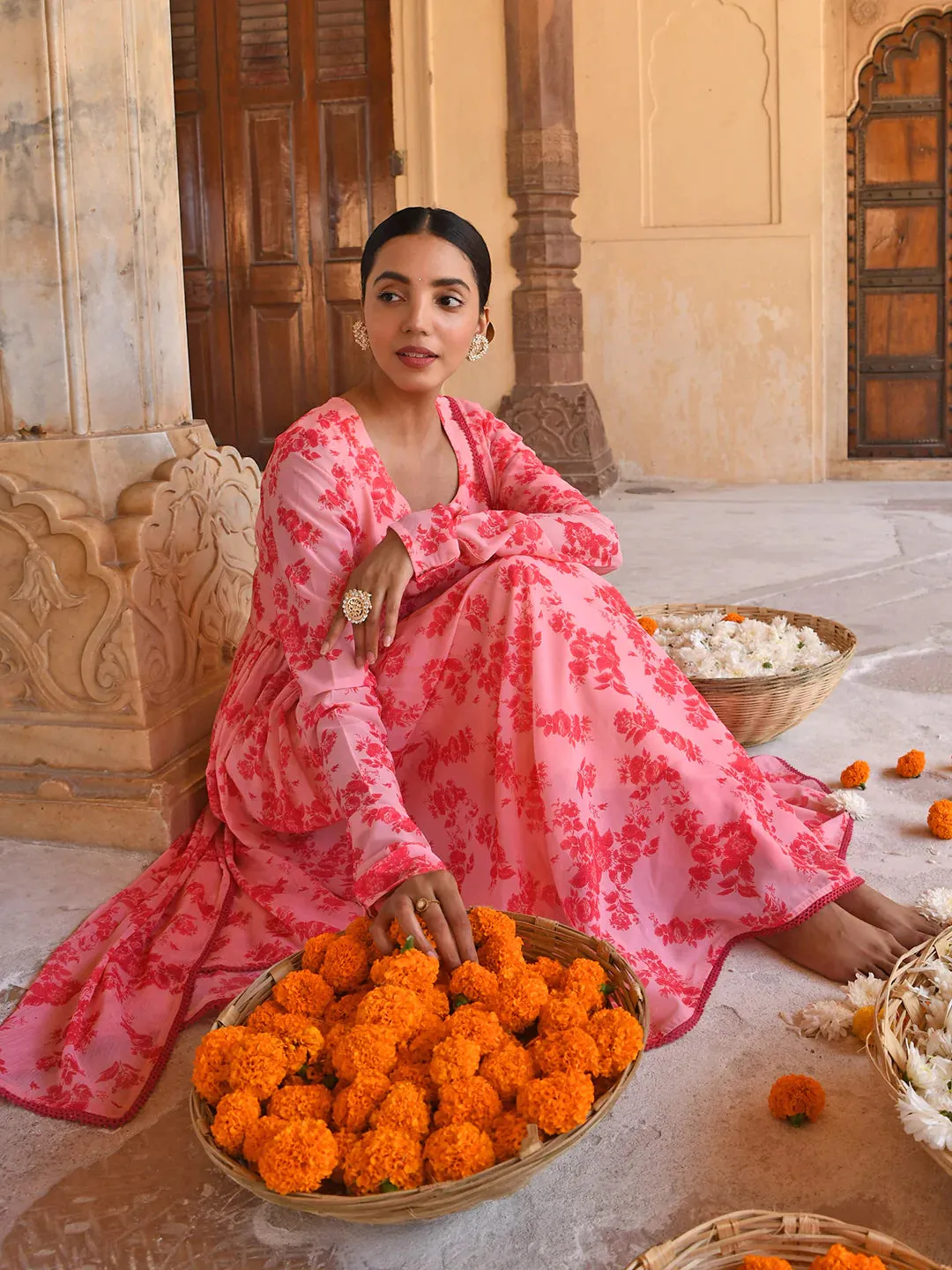 Pink Georgette Floral Print Anarkali Kurta with Mul Cotton Palazzo Pants and Georgette Dupatta