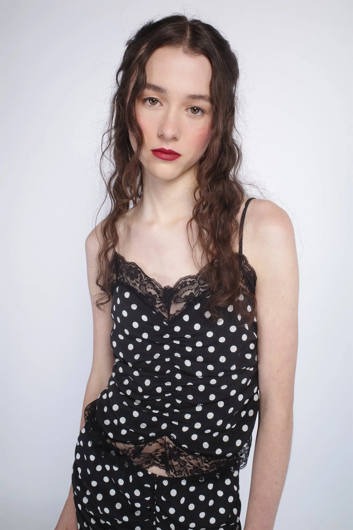 Polka Dot Ruched Lace Camisole