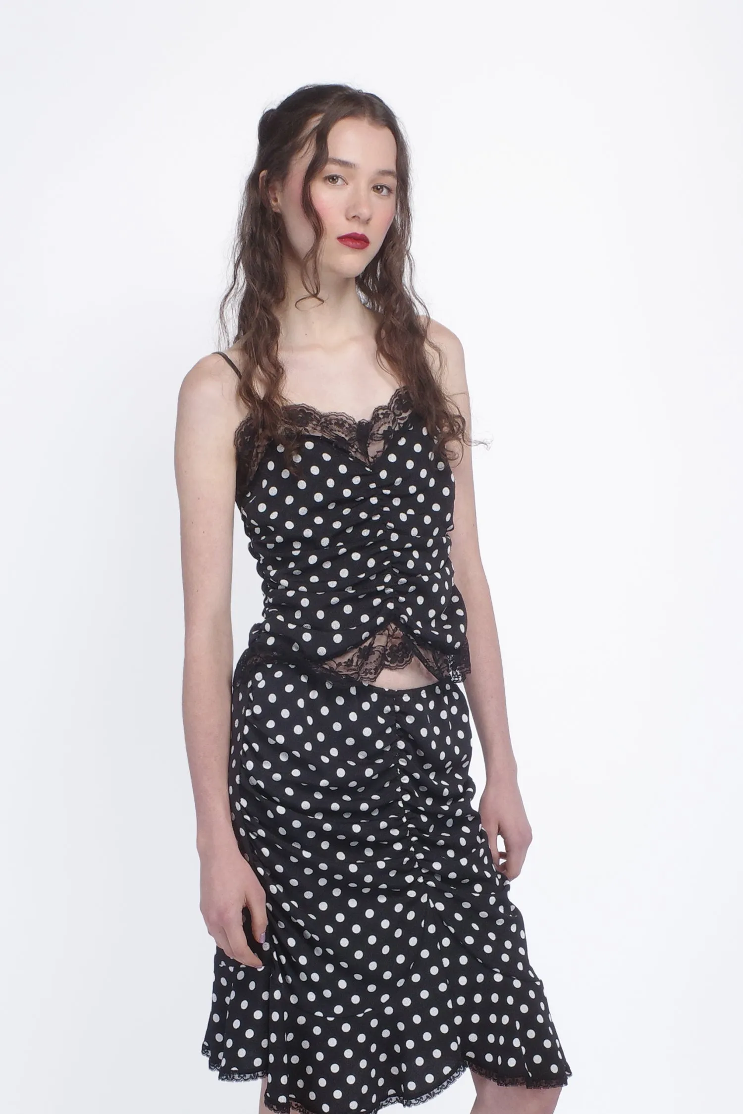 Polka Dot Ruched Lace Camisole